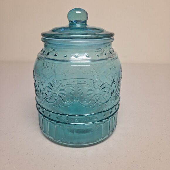 Pioneer Woman Cassie Teal Glass Canister Jar with Lid Country Farmhouse - Picture 1 of 9